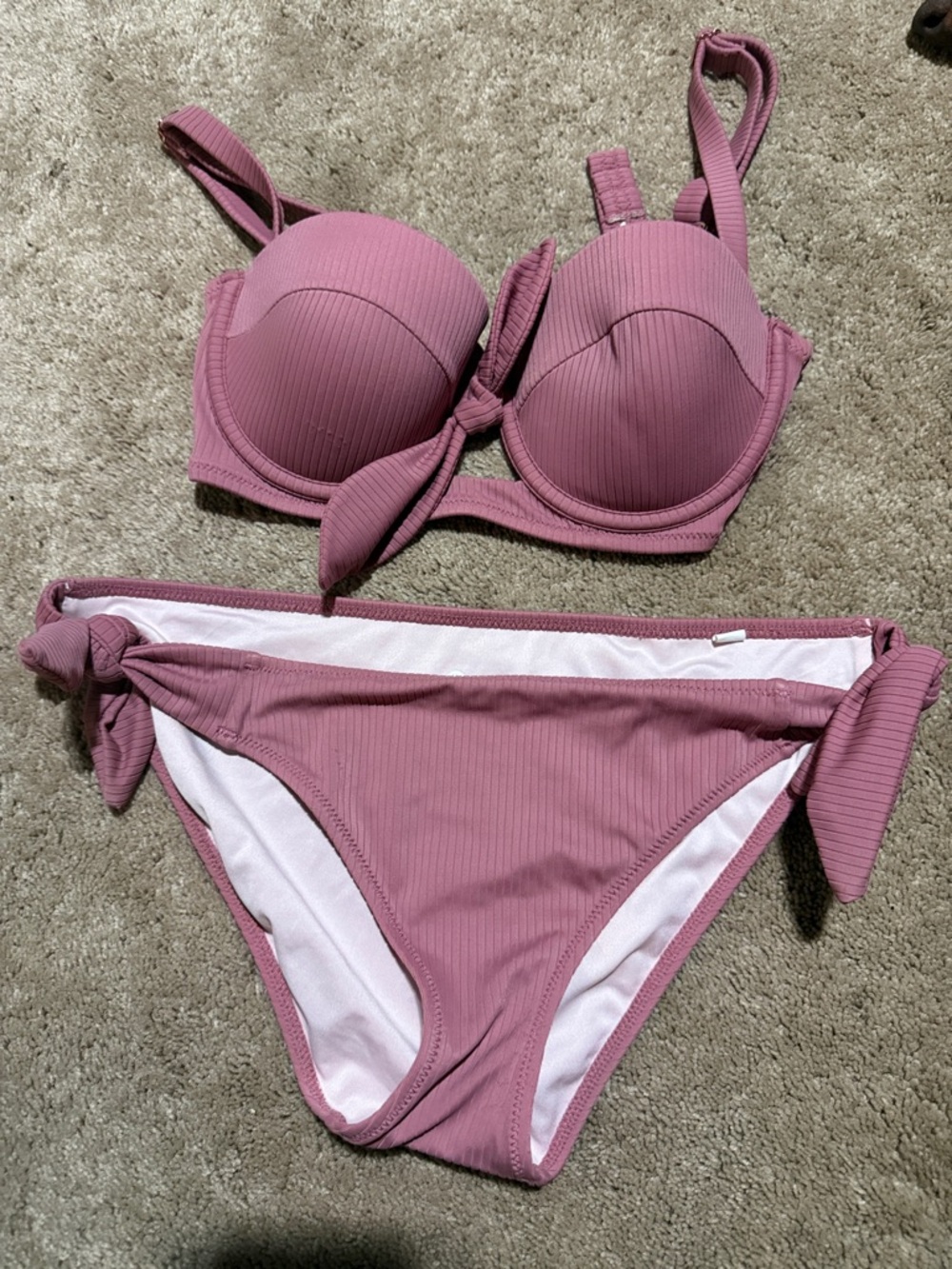 Shade & Shore Ribbed Tie-Front Bikini in Mauve Pink
